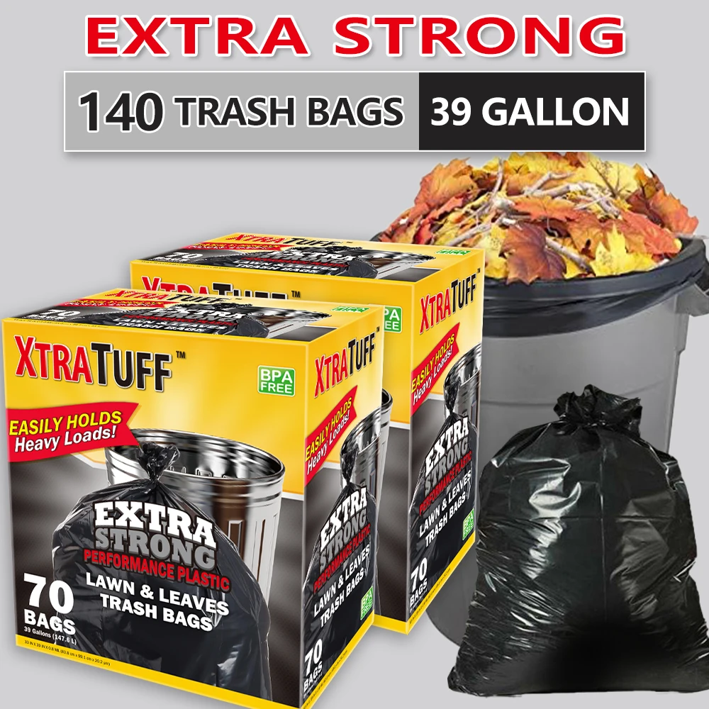 Xtratuff Trash Bags 39 Gallon Black Large Trash Bag Garbage Bags Heavy Duty 140 Count BPA FREE Strong Rubbish Bag