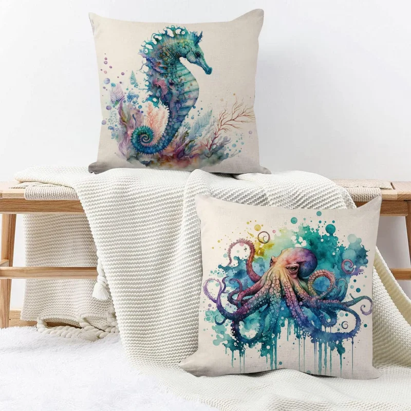 Coastal Pillow Set 18x18 4-piece Sofa with Beach Turtle Seahorse Octopus Jellyfish Style Sofa Bed Home Decoration