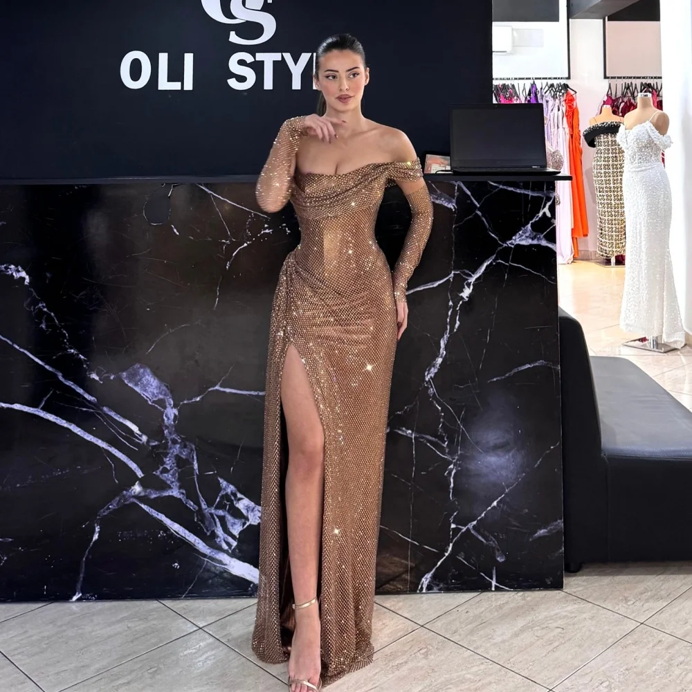 Bella Customized Champagne Side Slit robes de soirée One Shoulder Sequins Sleeveless Evening Dresses Floor-Length Wedding Dress image 3