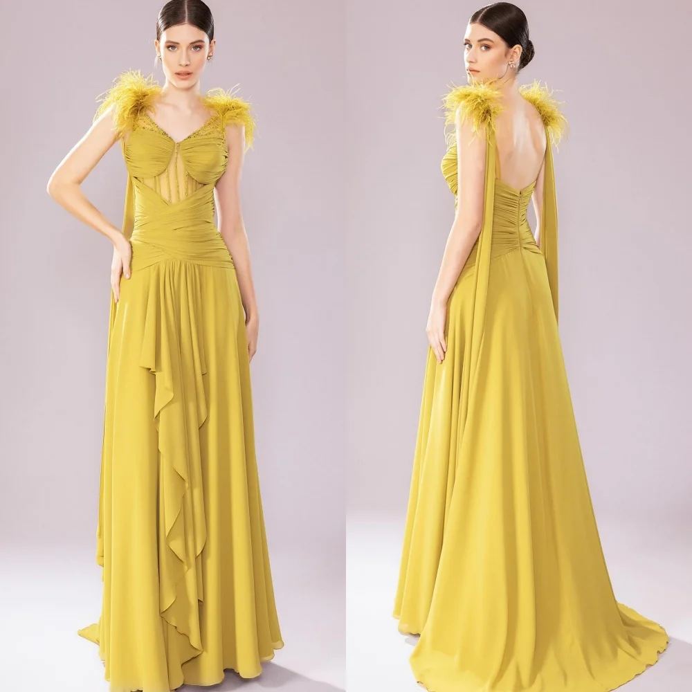 

Customized Sexy Casual Evening Chiffon Beading Feather Pleat Cocktail Party A-line V-neck Bespoke Occasion Gown Long Dresses