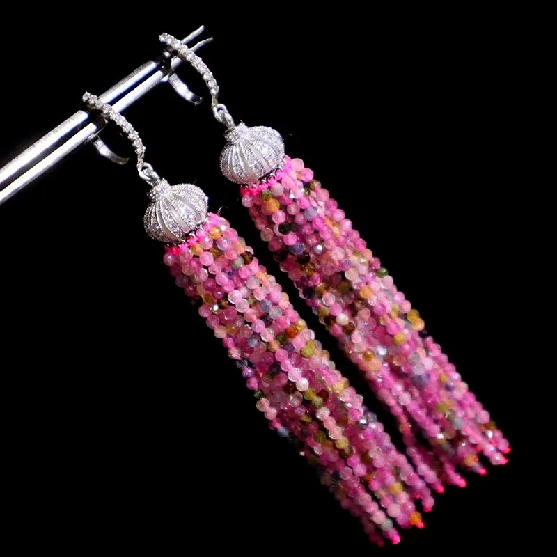 ZOCA Vintage Long Pink Tourmaline Colorful Beaded Tassel Drop Earrings Solid 925 Silver Jewelry Wedding Party Gifts for Women