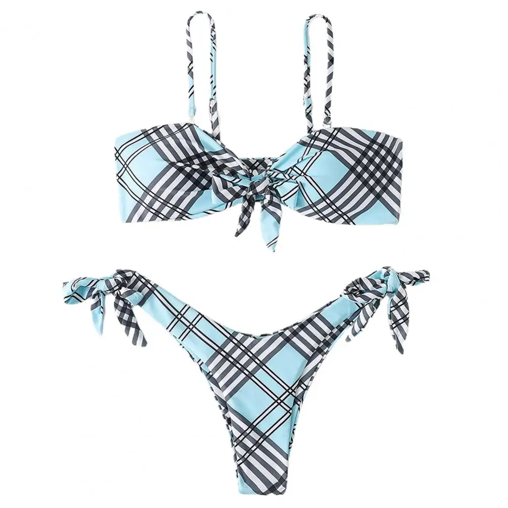 Zwei-Stück Anzüge Spaghetti Strap Push-Up Dünne Strand Bikini Set Bogen Knoten Bh Plaid Drucken Briefs Bademode für Wasser Aktivität