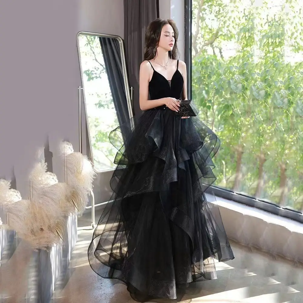 Women Elegant Party Tulle Dresses for Women Fluffy Spaghetti Strap Black Birthday Dress Long One-piece Dress Gown