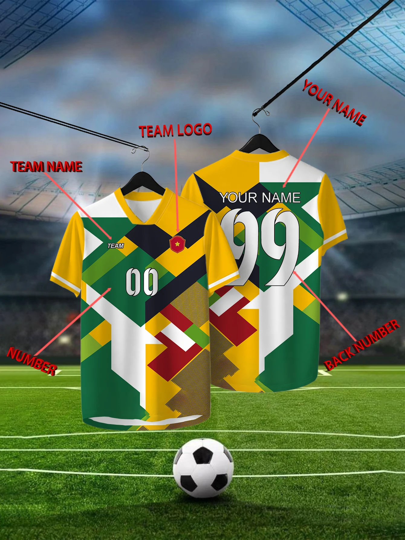

Customized Geometric Multi-color Short Sleeved Shirt with Team Name, Emblem, Name and Number, Outdoor Sports Short Sleeved Shirt