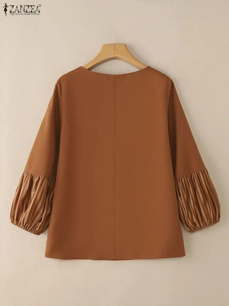 بلوزة خريف 2025 من ZANZEA بلوزات نسائية أنيقة بياقة دائرية وأكمام طويلة بلوزات نسائية للعمل OL قميص فضفاض غير رسمي مُزين بقطع القماش