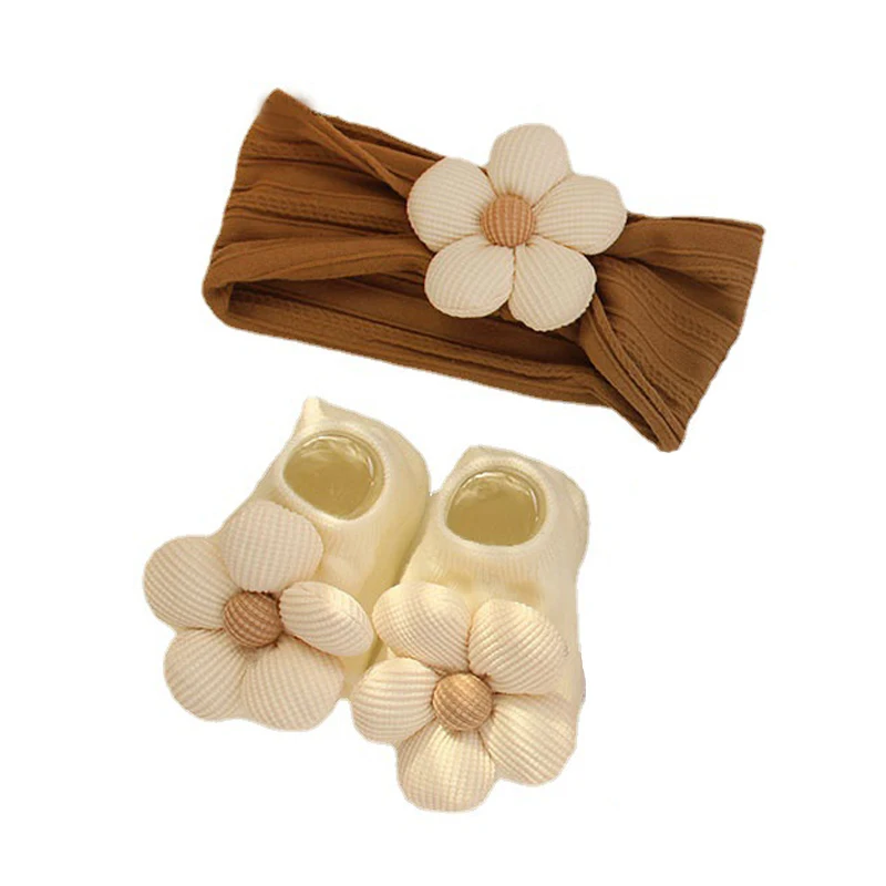 2Pcs Flower Baby Headband Socks Set Soft Nylon Hairband for Newborn Girl Elastic Floral Turban Short Sock Infant Headwear