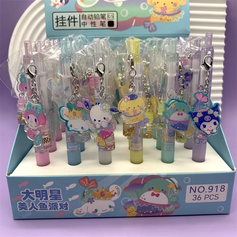 Imagem -02 - Sanrio Kawaii Mermaid Drifting Bottle Pendant Caneta Neutra Bonito Press Action Pen Material Escolar Prêmio Preto 36 Pcs por Caixa