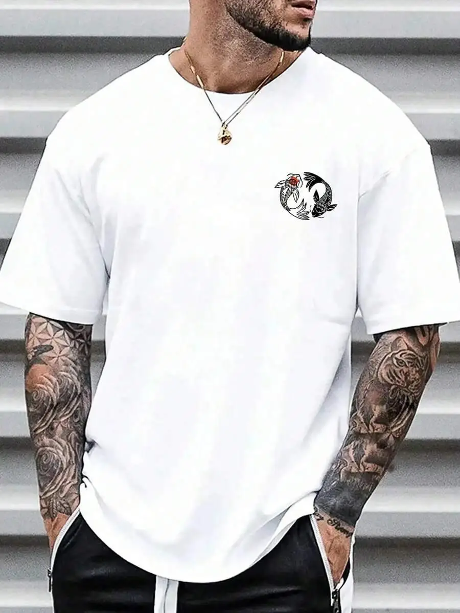 Japanese Koi Harajuku Illustration Pattern T-Shirt Men Summer Casual T Shirt Soft Fashion Short Sleeve Loose Cotton Sportswear