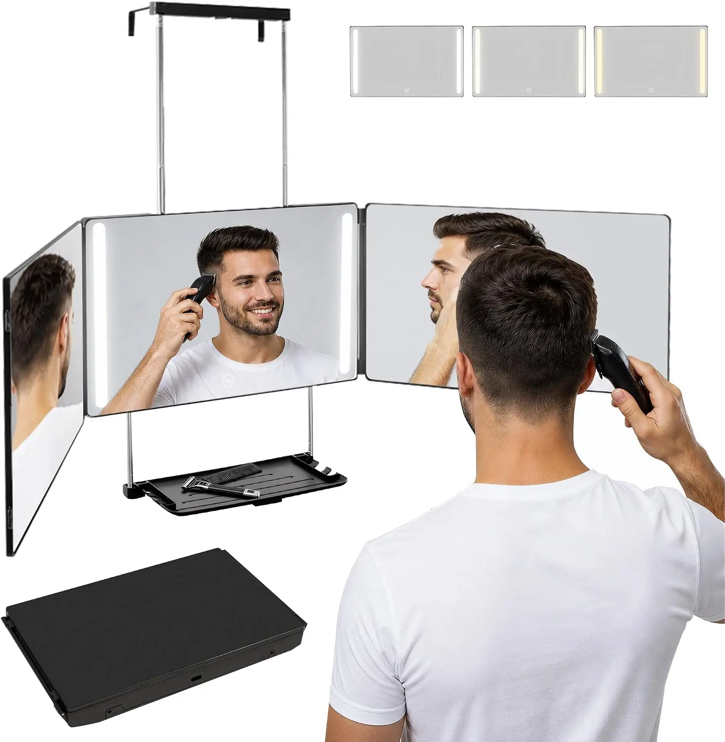 Folding 3 Way Mirror with Lights and Shelf 360 Self Cut Mirror for Self Haircut Rechargeable Dimmable LED Adjustable Hook for Wall Door Tabletop for Men Women Makeup Shaving Braiding for Haircut Makeu