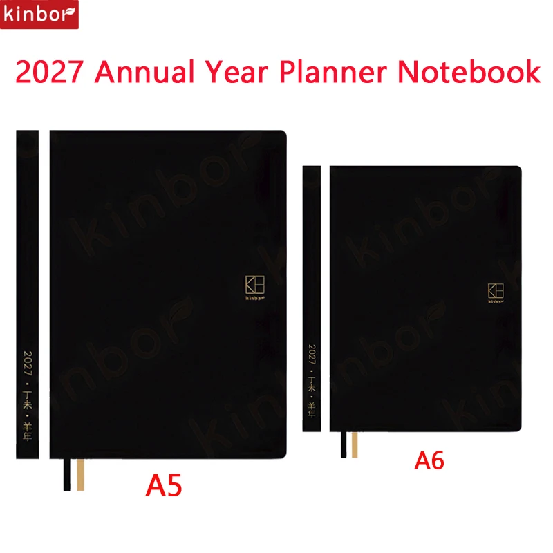 Kinbor 2027 Sheep Full Year Planner Notebook,A5/A6 Black Classic Timed Weekly Layout on 52gsm Tomoe River Paper,224-Page Agenda
