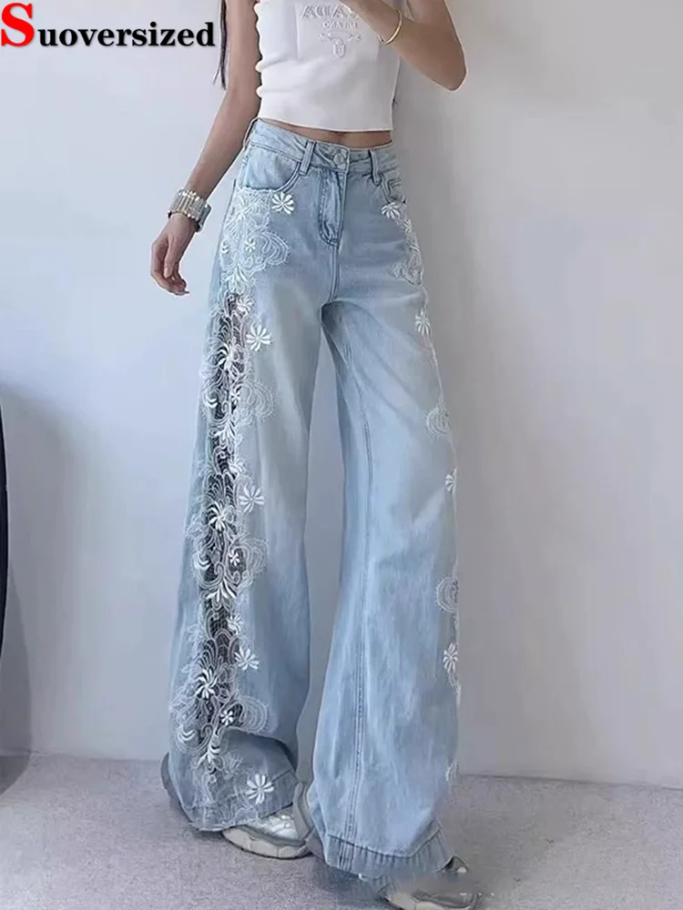 

Lace Patchwork Streetwear Jeans Women's Casual Fashion Hollowed Out Vintage Vaqueros High Waisted Wide Leg Straight Denim Pants