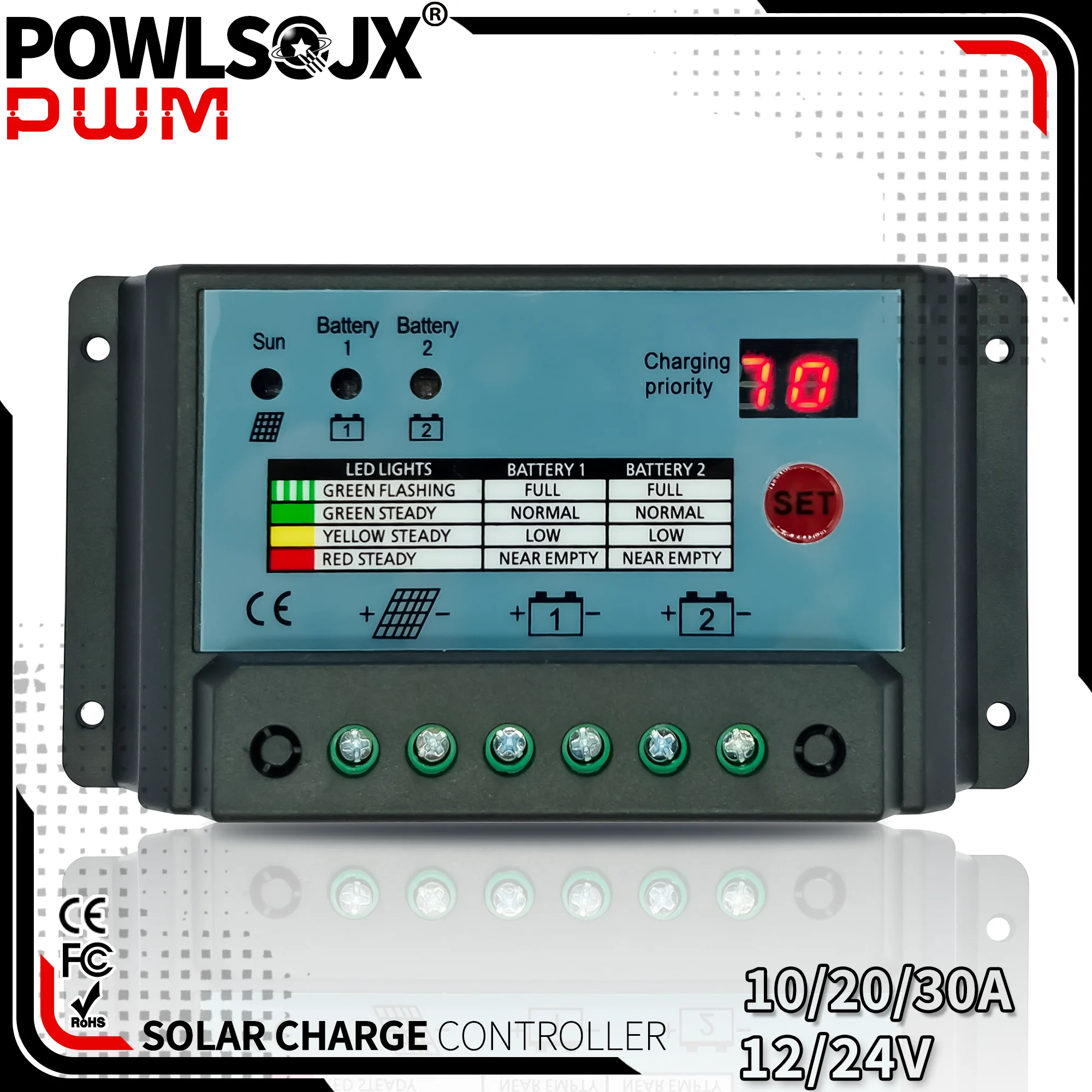 POWLSOJX Dual-Battery Solar Controller - 10A/20A/30A PWM for 12V/24V Systems - Two Batteries Simultaneous Charge