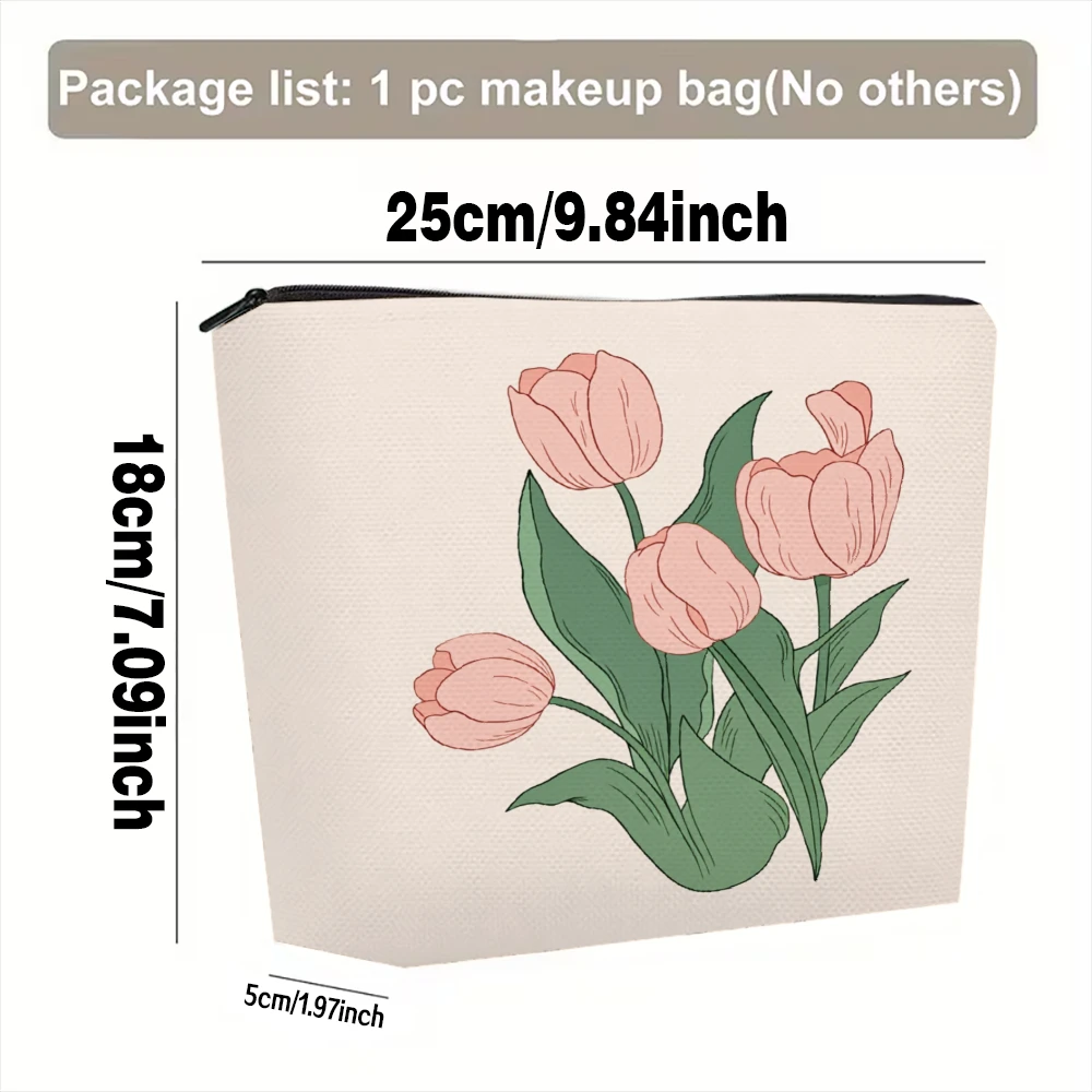 Pink Tulips With Green Leaves Makeup Bags for Girls Cosmetic Pouch Toiletry Bag Pencil Case Travel Storage