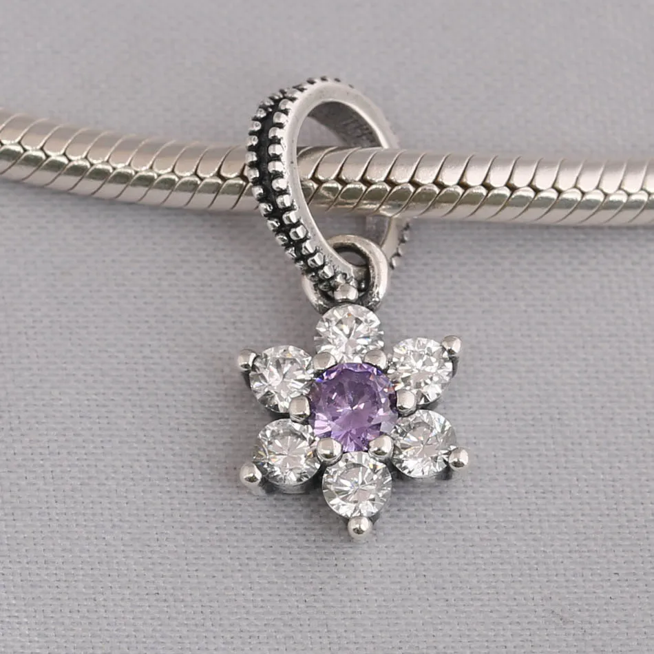 Silver Plated Pendant Bead DIY Jewelry Forget Me Not Dangle Charm for Women Bracelets Girl Gift Purple & Clear CZ