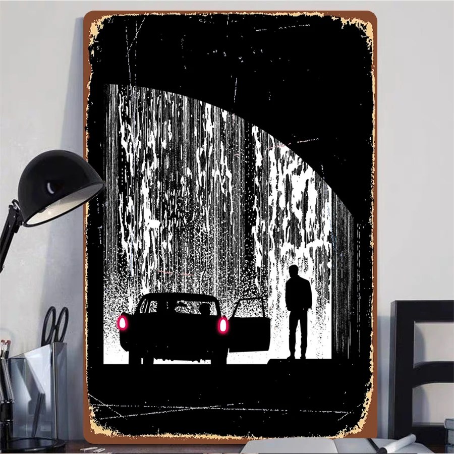 Vintage Car Silhouette Metal Wall Art Rainy Night Tunnel Scene Modern Home Decor Living Room Decoration Unique Gift Idea