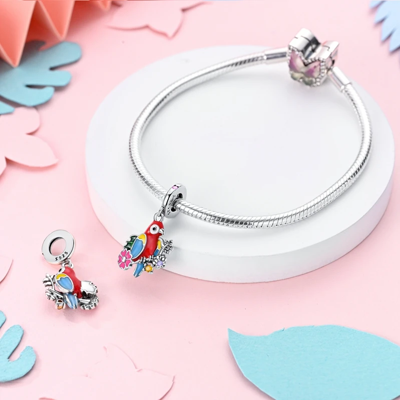 Spring New 925 Sterling Silver Feather Flowers Parrot Bird Charms Beads Fit 3mm 925 Original Bracelets Fine DIY Jewelry Gift