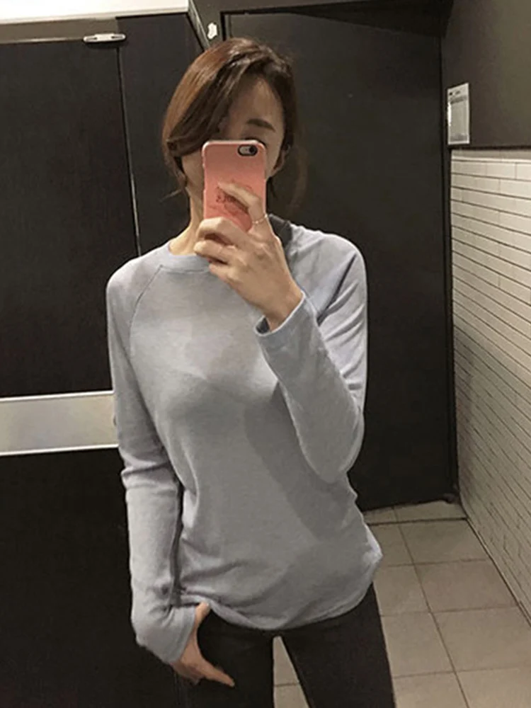 Frauen Langarm Blau T-shirt Frühling Sommer Grundlegende Tops Lose Dünne Sexy Einfarbig Baumwolle T Mode Femme