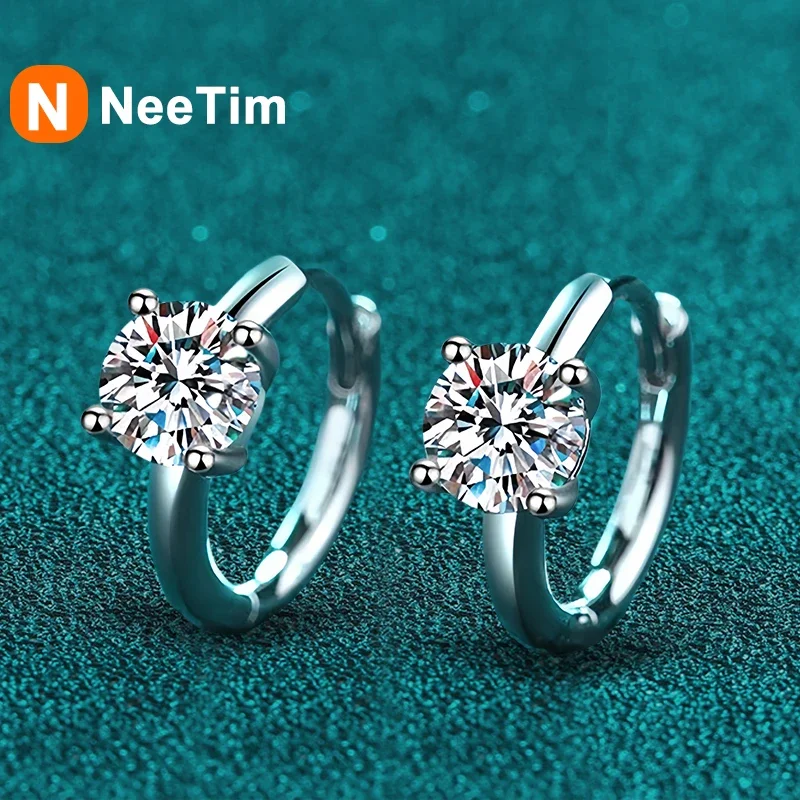 NeeTim 1ct Moissanite Hoop Earrings S925 Sterling Silver with 18k White Gold Plated Diamond Gem Earring for Women Jewelry Gifts