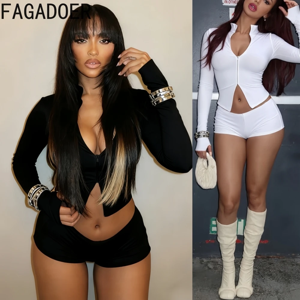 

FAGADOER Sexy 2 Pieces Set for Woman Outfit Solid Color Long Sleeve Crop Top + Low-rise Shorts Suits Female Streetwear Clothing