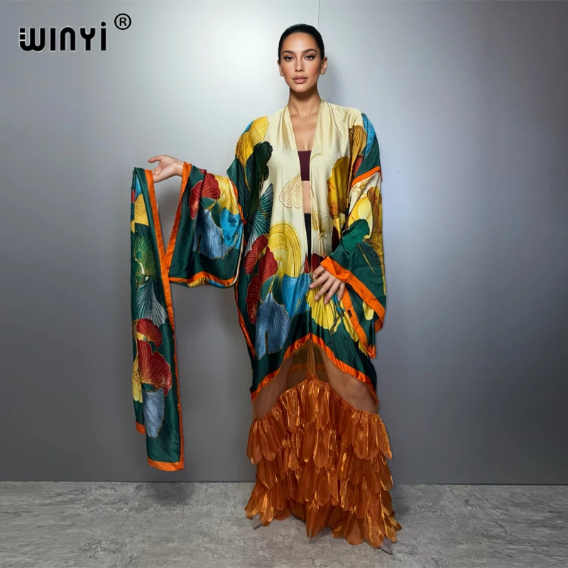 

WINYI Women's Long Sleeve Kimono Cardigan Muslim Abaya Dubai Luxury Beachwear Cover up Boho Kaftan Holiday Printed Dress