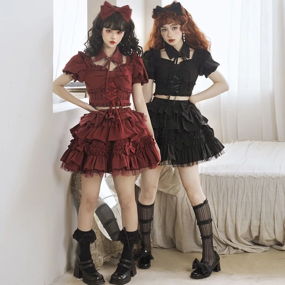 Summer New Split Style Lolita Spicy Girls Short Sleeve Top Sk Half Skirt Set Red Black Dresses Kawaii Party Dress