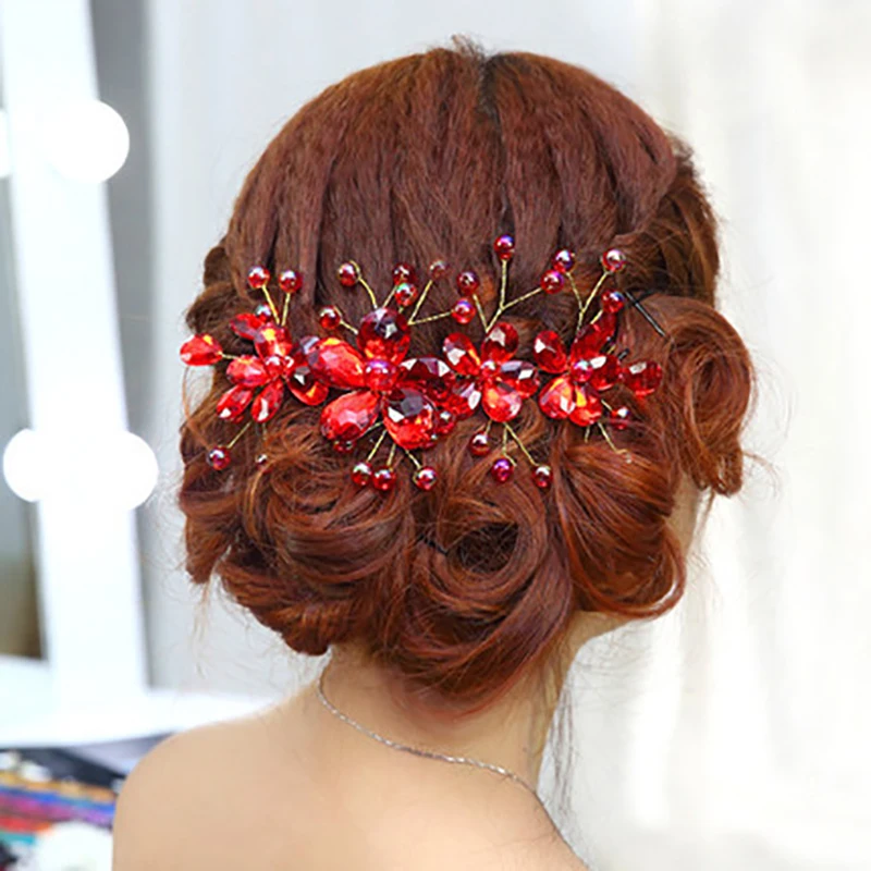 Women\'s Red Flower Wedding Bridal Party Accessary Handmade Hair Pin Clip Jewelry Luxury hair accessories red Hairpin