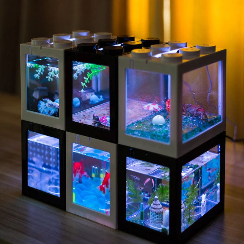 Creative Multicolor Stackable Building Blocks Ecological Mini Aquarium Fish Tank Small Reptile Insect Pet Box Landscape Seaweed