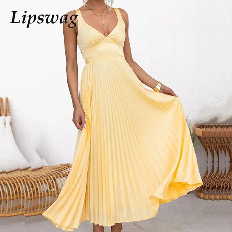 

Women High Waist Solid Pleat Dresses Fashion V-Neck Holiday Long Dress Summer Elegant Strap Loose Solid Sleeveless Party Dress