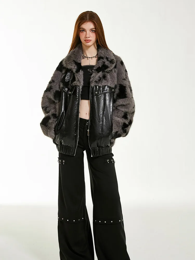 135-139 cmBust Giacca invernale da donna American Retro Spicy Girl Cappotto imbottito in cotone patchwork in pelliccia ecologica