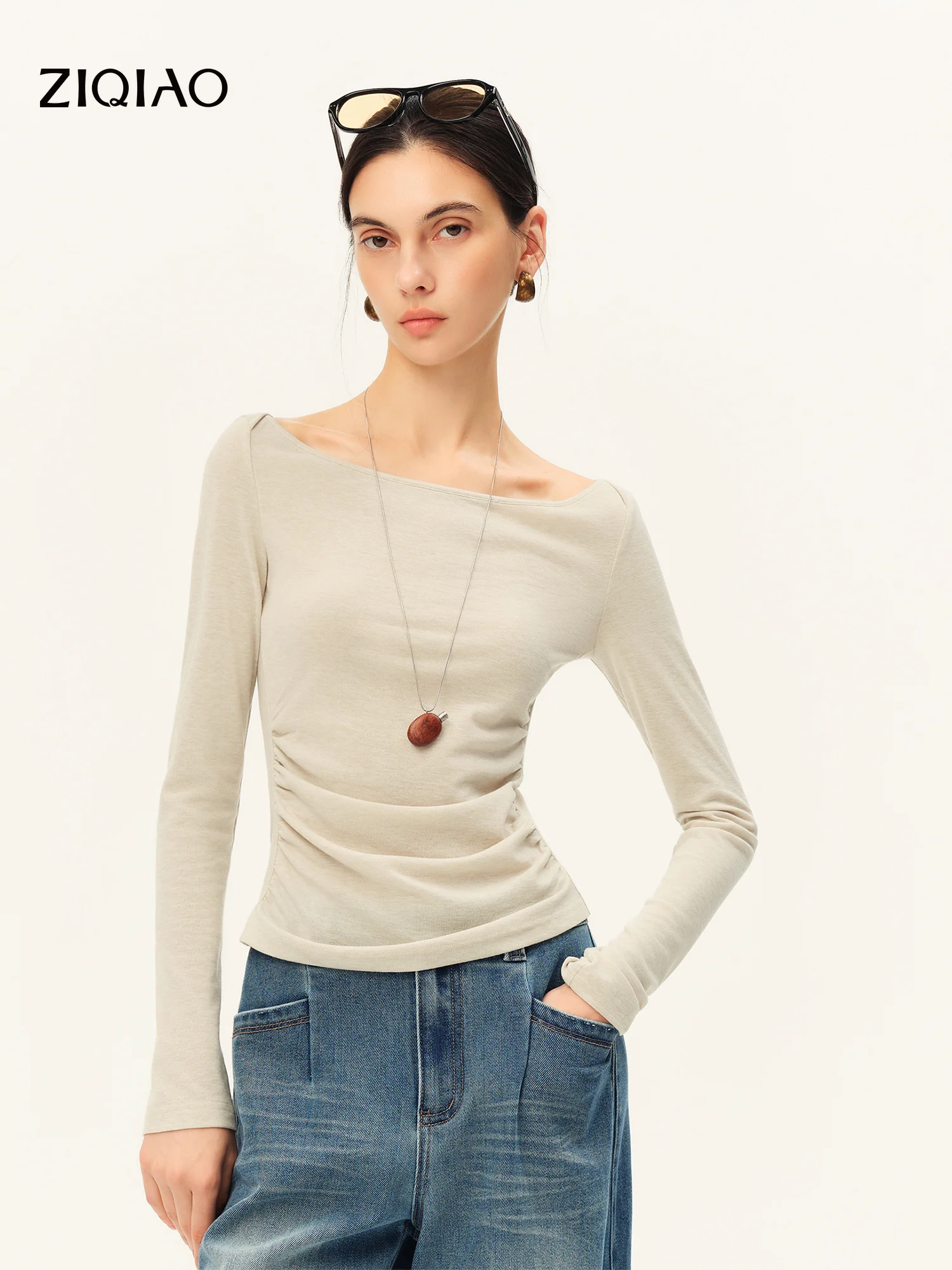 ZIQIAO Slash Neck Defined Waist Slim Fit Long Sleeve Knit T-shirt Women's 2026 Autumn New Style Solid Simple Ins Commuting