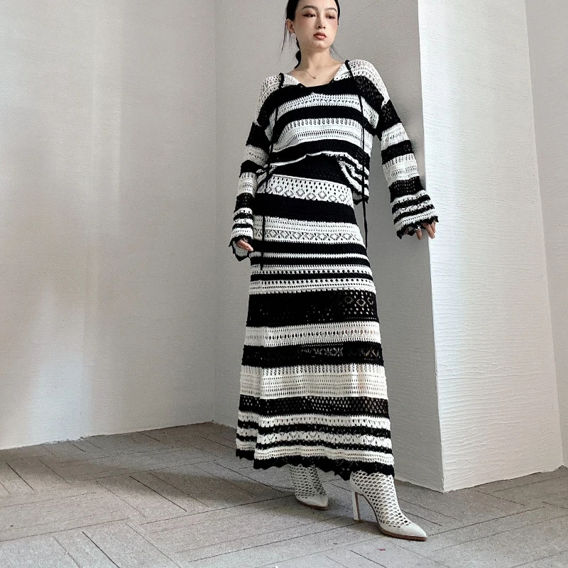 Domedeer Women Casual Two Pieces Set Black White Striped Hollow Knitting Long Sleeve Blouse and Midi Skirt Suit 2024 Spring Fall