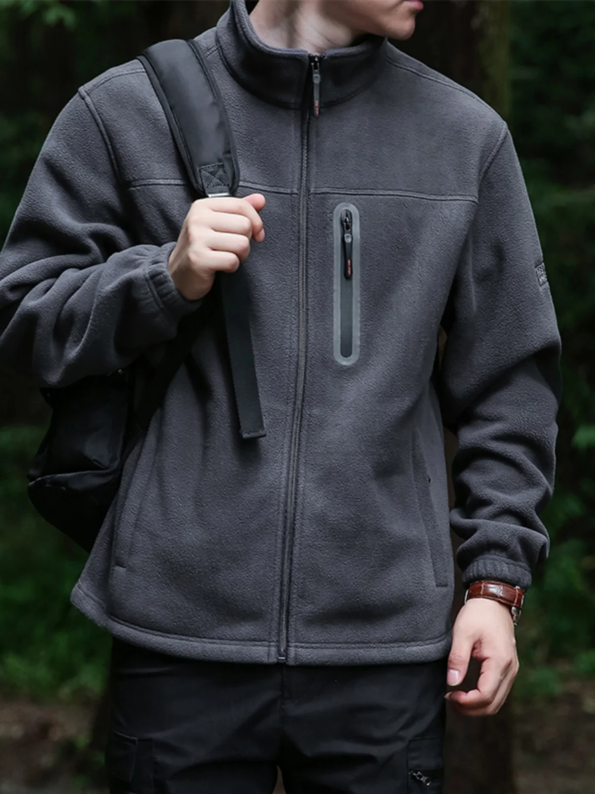 

Мужская зимняя уличная куртка-кардиган на молнии из утолщенного флиса с воротником-стойкой, из полиэстера, устойчивая к сминанию