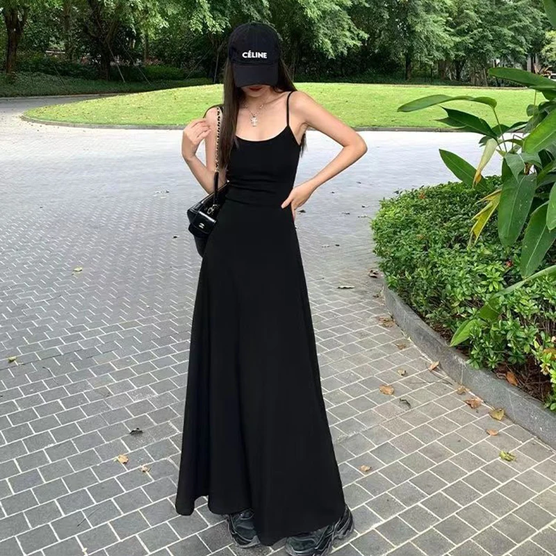 Gidyq Black Sexy Backless Spaghettis Trap Dress Women Korean Fashion Elegant Slim Dress Ladies Summer Solid High Waist Vestidos