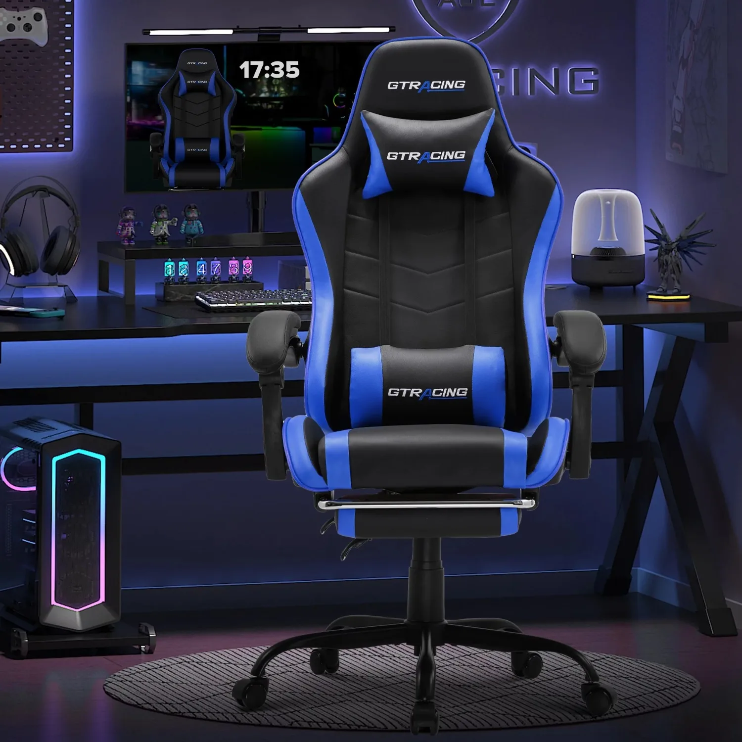 GTRACING GTWD-200 Gaming Chair with Footrest, Height Adjustable Office Swivel Reclining, Blue