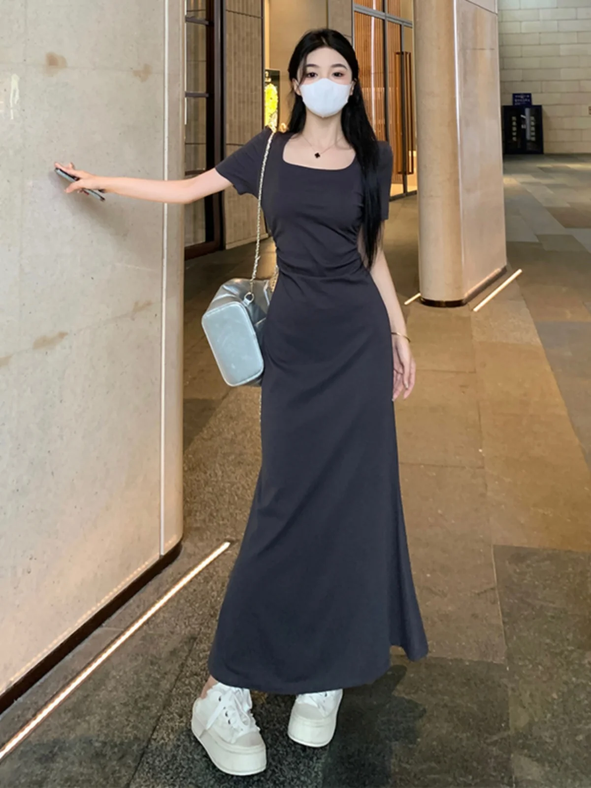 

plus Size Women's Pure Desire Square Collar ort Sve Dr Slimming A-Line Long Dr Korean Sle Commute Wind Summer New