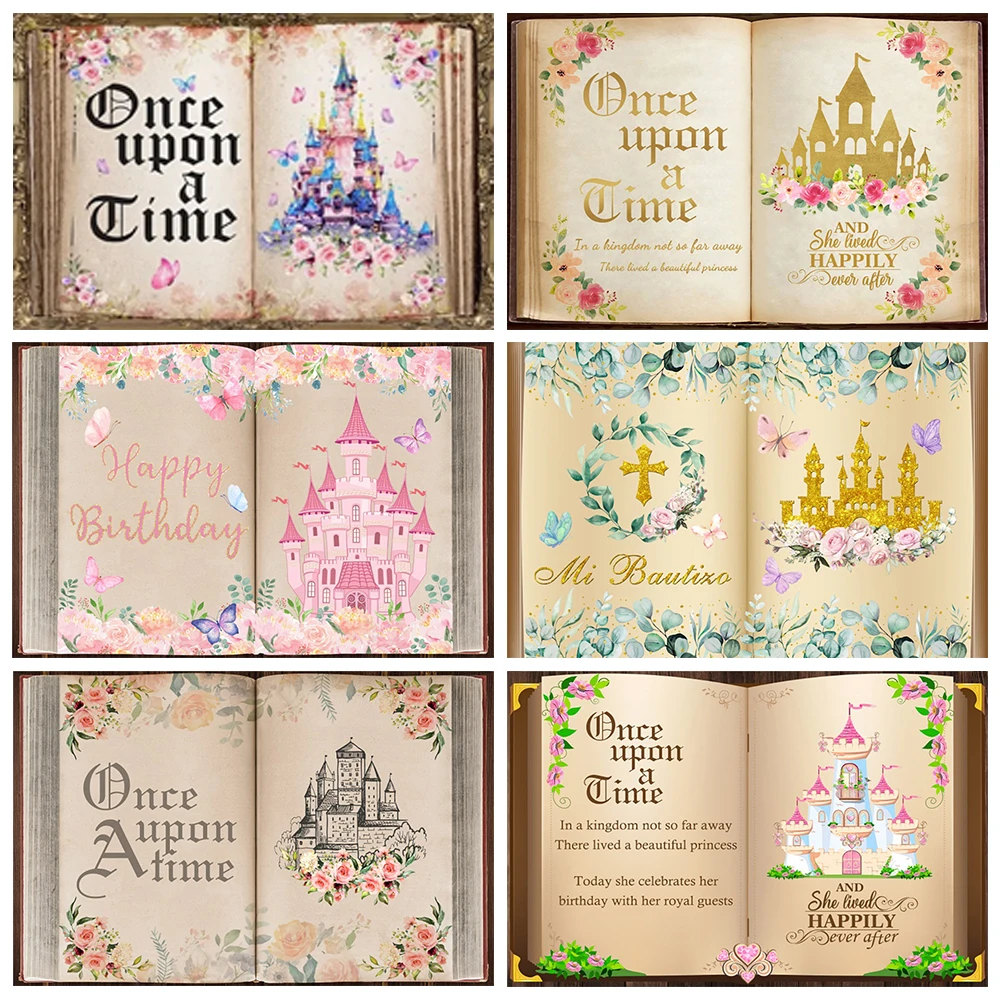 

Fairy Tale Book Castle Background Children Birthday Party Decoration Banner Vinyl Cake Table Hanging Fabric Photo Props Gifts