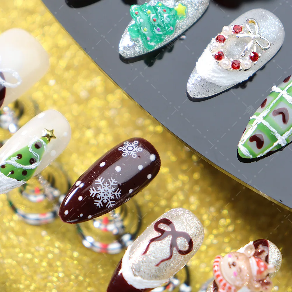 10pcs Handmade Christmas Press On Nails Dark Brown French False Nail With Flash Bows Wreath Reindeer Xmas Tree Design Fake Nails