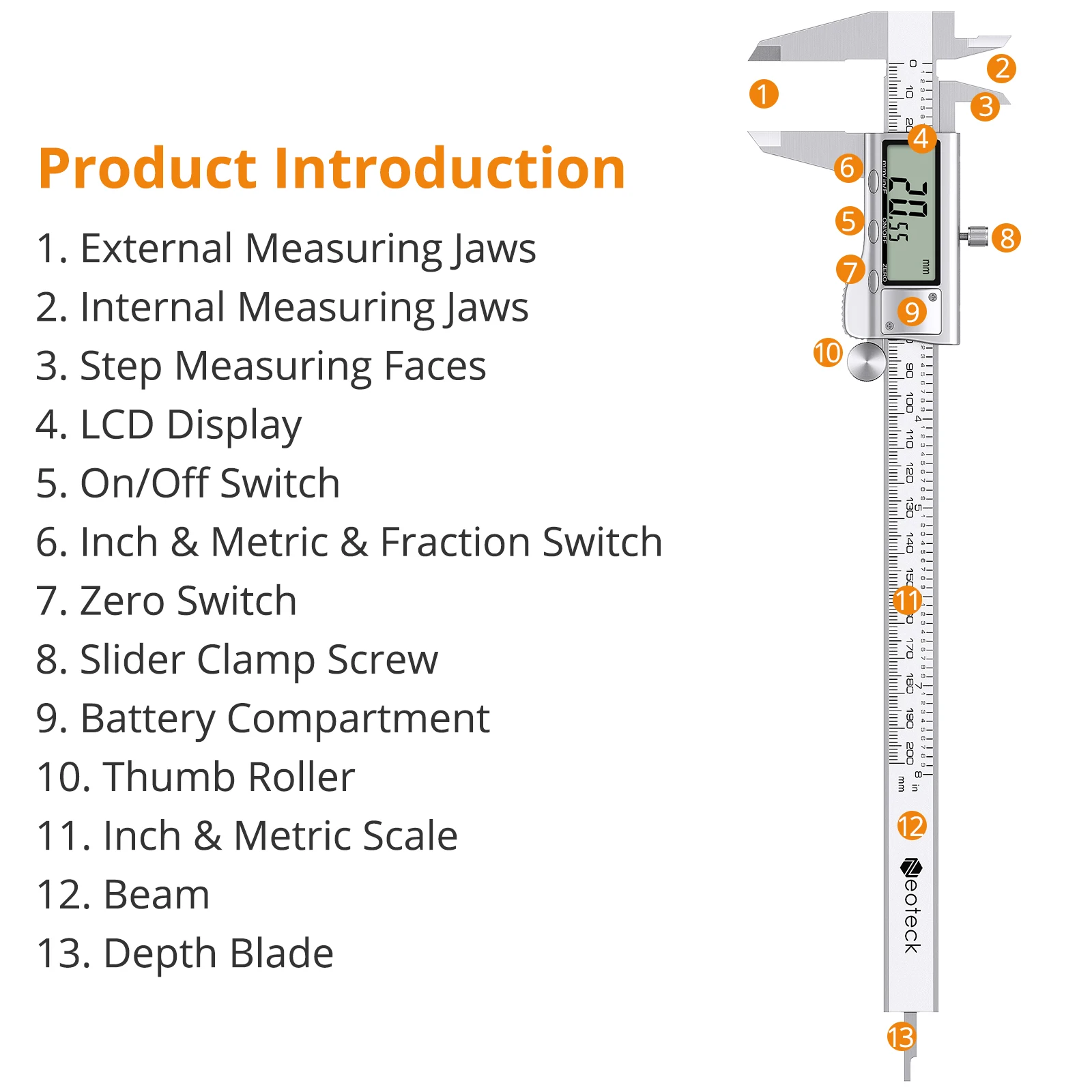 Digital Vernier Caliper 200mm Stainless Steel Electronic Caliper Fractions/Inch/Metric Conversion Measuring Tool For Width Depth