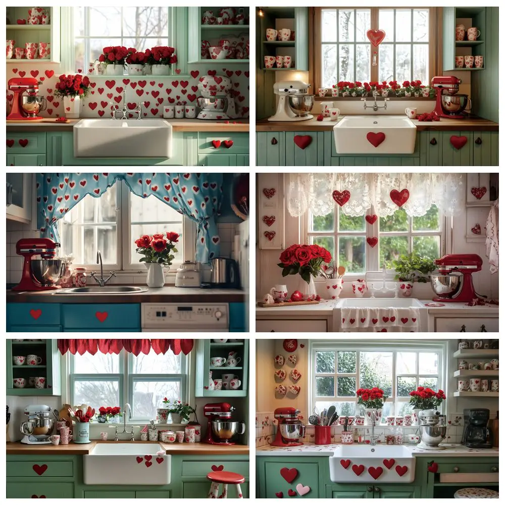 

Valentine's Day Kitchen Backdrop Kitchenware Cabinet Flowers Red Love Heart February 14th Party Photography Background Decor