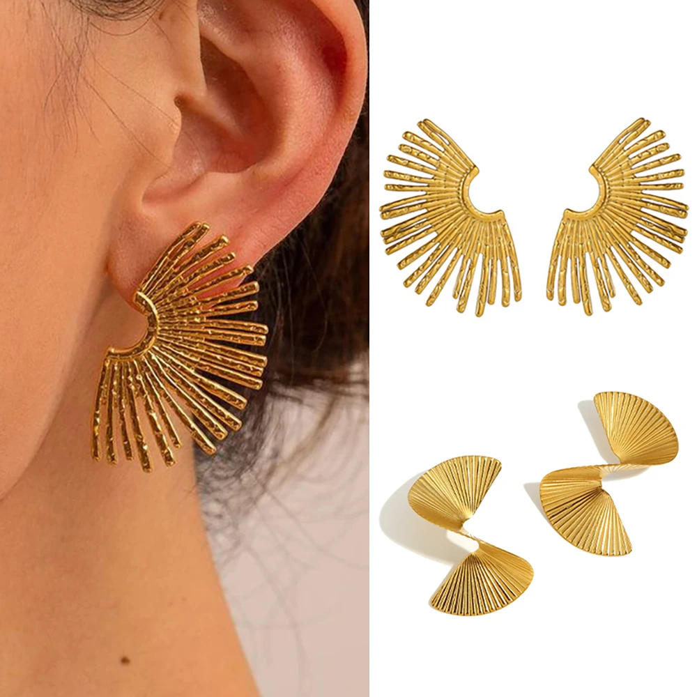 CARLIDANA Gold Plated Geometric Fan-shaped Circle Exaggerated Statement Punk Stainless Steel Twisted Earring Jewelry for Women