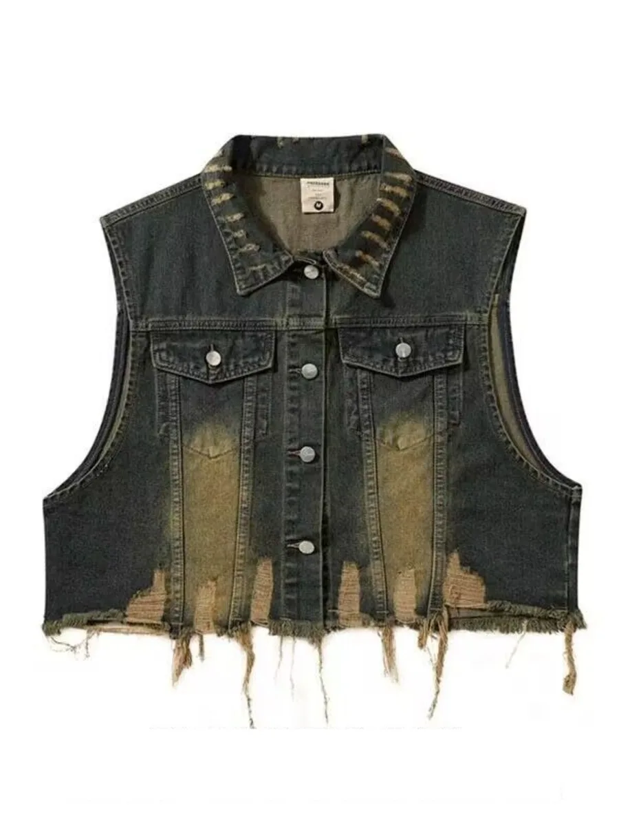 

Hip Hop Ripped Vintage Casual Denim Vest Men Women Washed Harakuju Casual Streetwear Jeans Waistcoats Tank Top