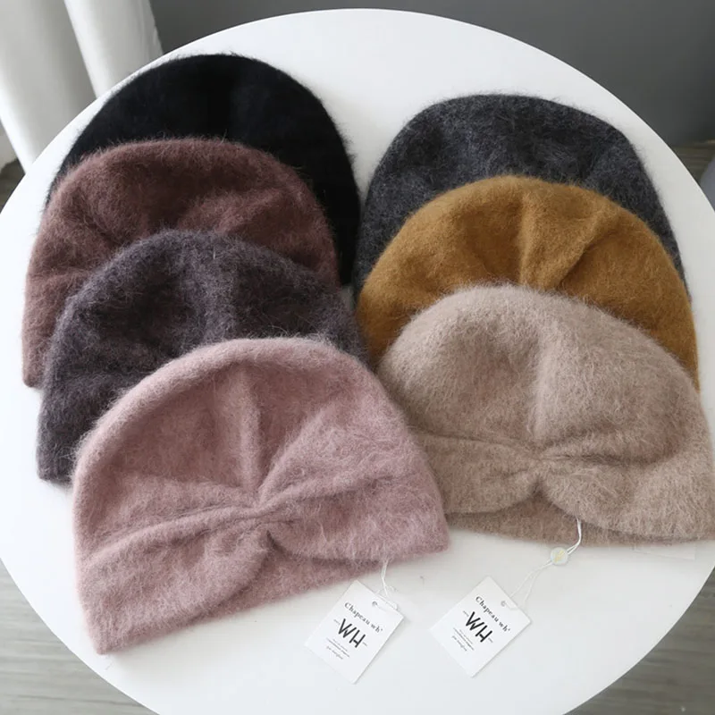 New Women Angora Fur Hats Slouchy Wrinkle Flower Bow Winter Hats Warm Soft Beanie Hat Cap Crushable Bonnet