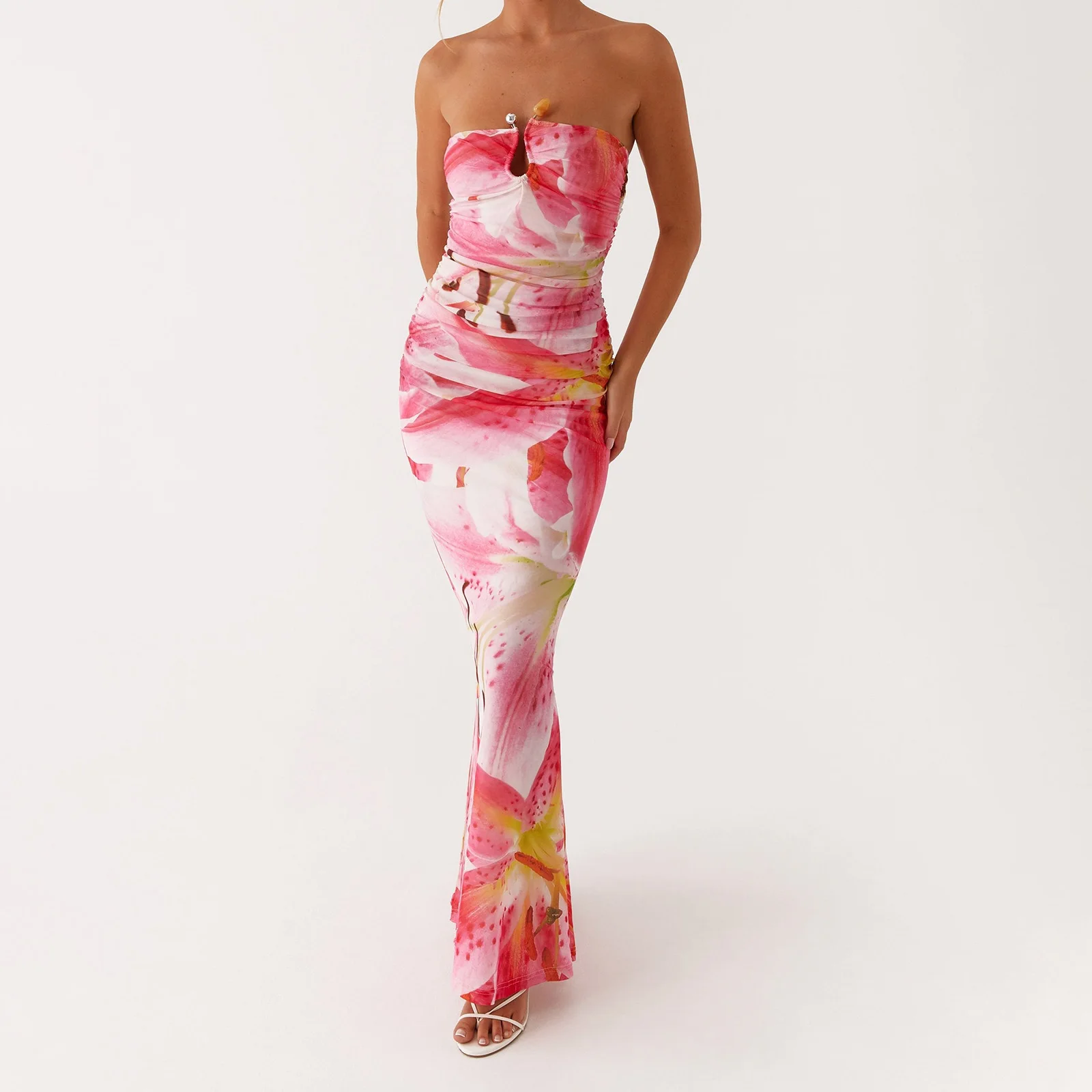 Nueva moda mujer vestido tubo de verano Color sólido/estampado Floral sin tirantes espalda descubierta ceñido vestido largo para ropa de calle S M L