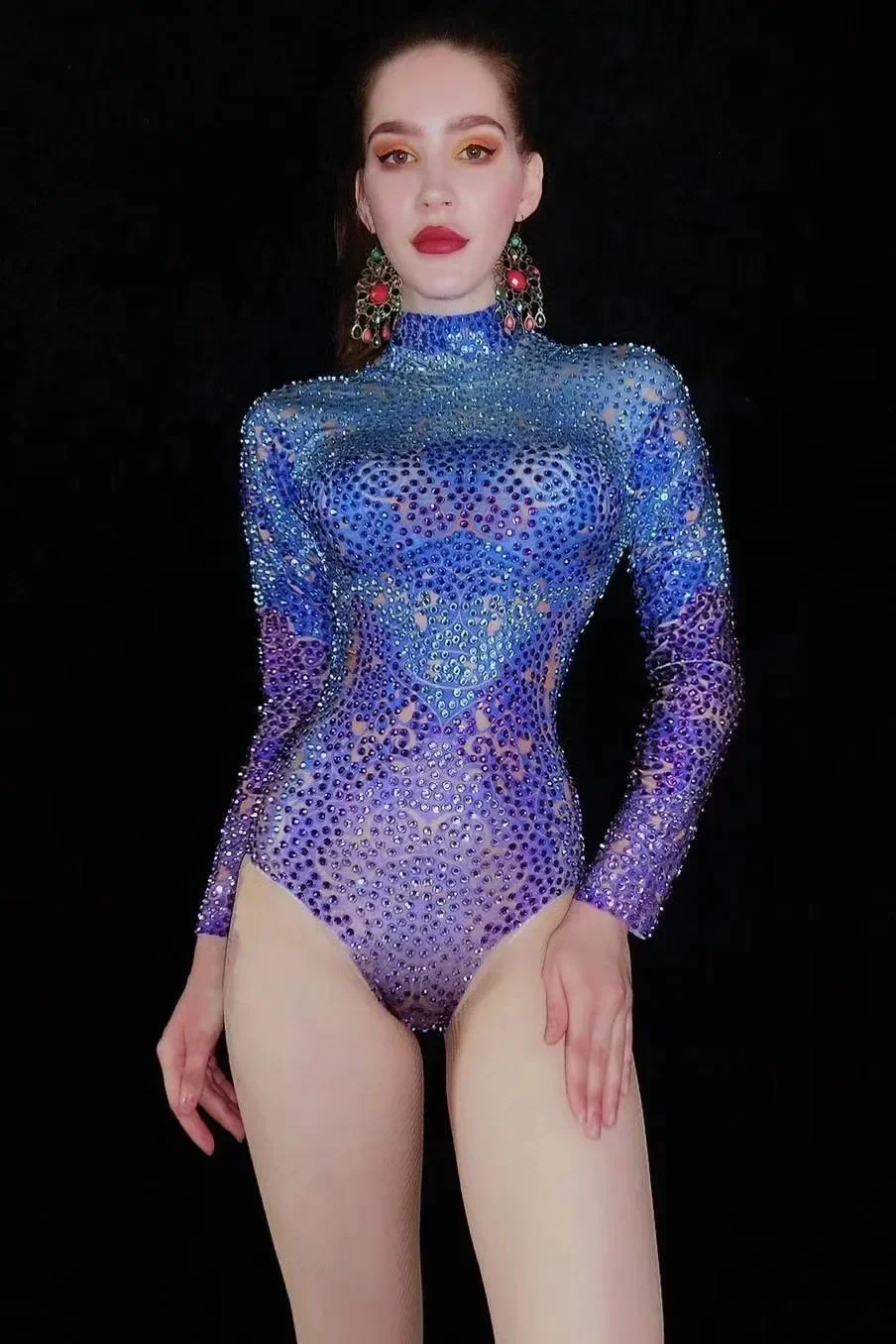 

Women Purple Blue Shining Rhinestones Sexy Long Sleeves Bodysuits Party Club DJ Prom Dance Wear Stage Drag Queen Costumes