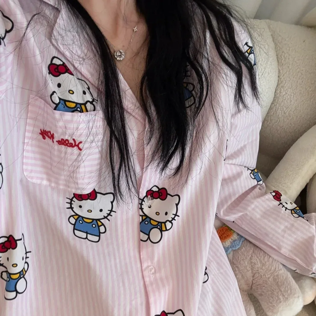 Sanrio Hello Kitty Sweet Pajamas Women's Korean Spring Autumn Long Sleeve Tops Pants Home Clothes Schoolgirls Pink Sleepwear