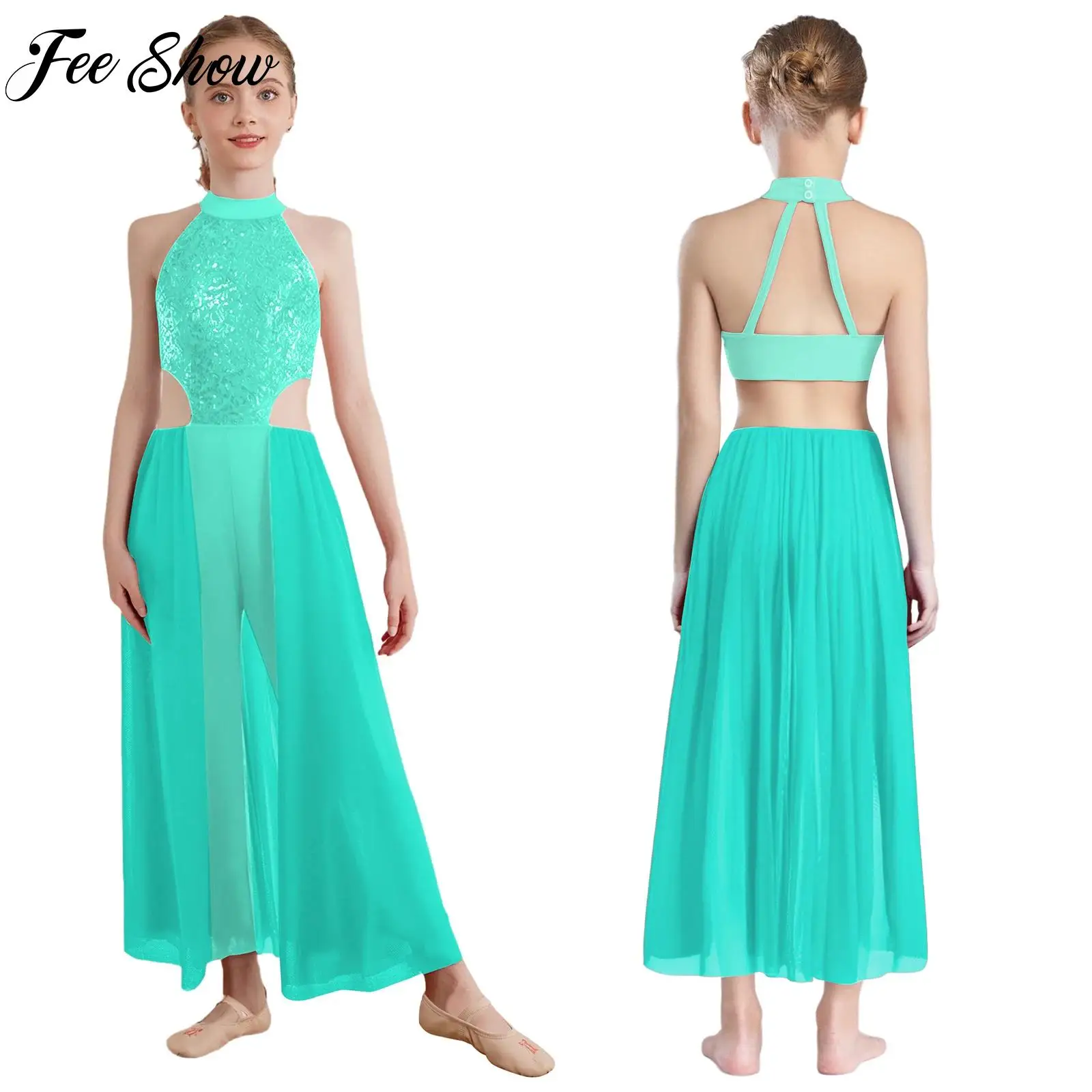 

Child Girls Sparkly Sequins Latin Lyrical Modern Dance Dress Halter Sleeveless Backless Skirted Jumpsuit Performance Dancewear