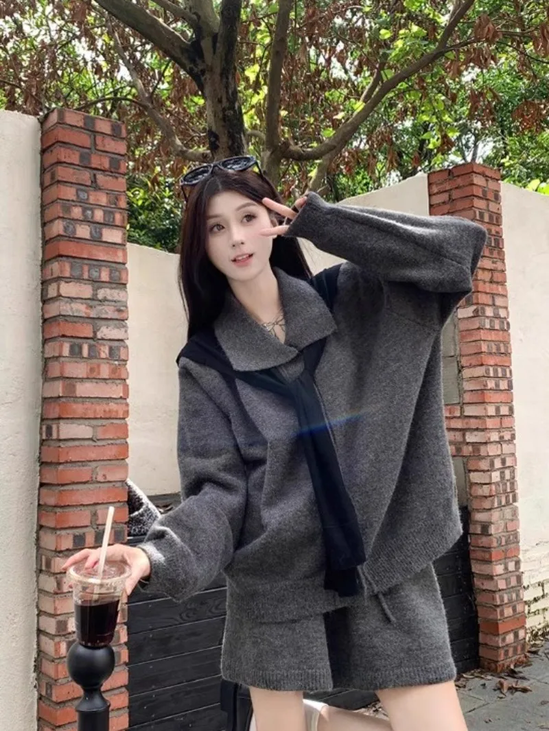 

Autumn New Women Knitted Two Piece Shorts Sets Simple Casual Turn Down Collar Long Sleeve Loose Sweater + Mini Shorts Outfits