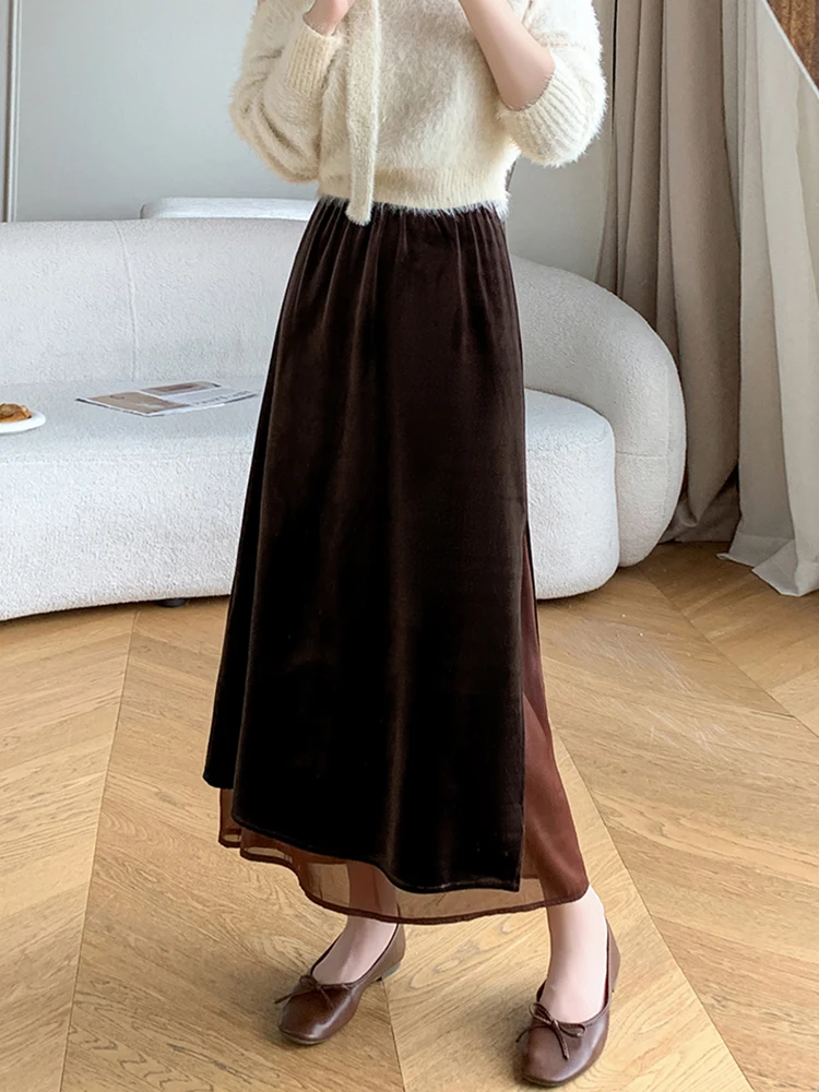 Jupe longue femmes 2025 automne hiver nouveauté taille haute élastique jupe marron ou noire avec jupes en velours Ling femmes