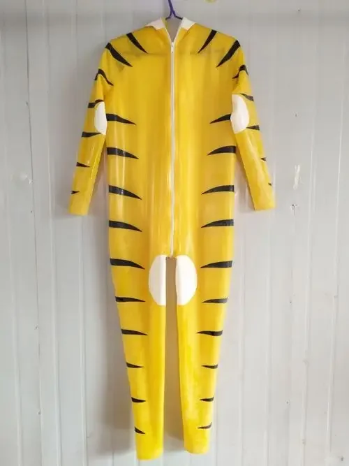 2019 Hot Sale Latex Rubber Men Tiger Handsome Suit Bodysuit Yellow and White Catsuit New Size S-XXL