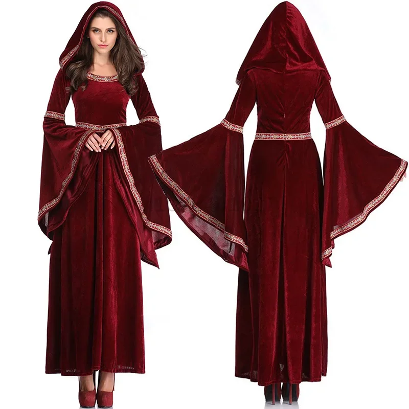 

Medieval Retro Victorian Dress For Women Halloween Party Vampire Witch Costume Gothic Red Flare Sleeve Hood Long Dress Vestidos